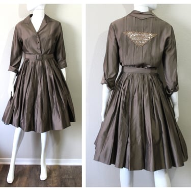 Vintage 50's JULIE MILLER of California Bronze Shimmer Silk Full Circle Skirt Belted Dress / US 0 2 4 xs s 