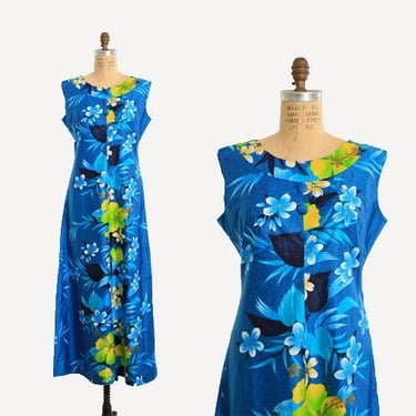 Vintage 1970s Blue Hawaiian floral maxi dress 