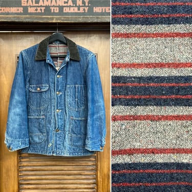 Vintage 1950’s Size 36 Denim Railroad Workwear Jacket Lined with Corduroy Collar, 50’s Denim Jacket, Blanket Liner, Vintage Clothing 