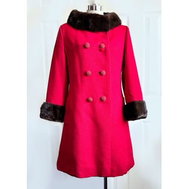 Vintage 1960's Red Real MINK FUR Trim Mod, Princess, Over Coat , Mint, 60's, Overcoat, Jackie O Style, Winter Coat Jacket Double Breasted 