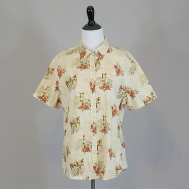 90s Horse and Roses Print Shirt - Cotton - Country Western Cowgirl - Short Sleeves - Bit & Bridle - Vintage 1990s - XL 