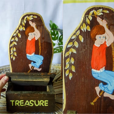 Vintage handmade wood treasure box with hand painted nostalgic summer scene, one of a kind boy on rope swing, kid's trinket or key storage 