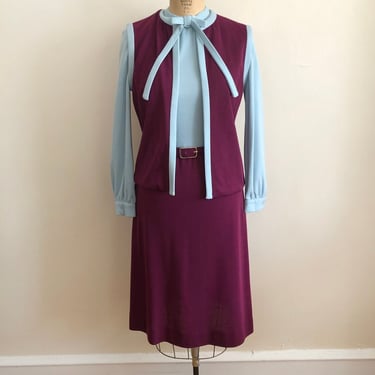 Light Blue and Burgundy Colorblock Knit Dress with Matching Vest - 1970s 