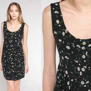 Floral Mini Dress 90s Black Button up Daisy Print Day Dress Summer Sleeveless Sundress Empire Waist Vintage 1990s All That Jazz Small Medium 