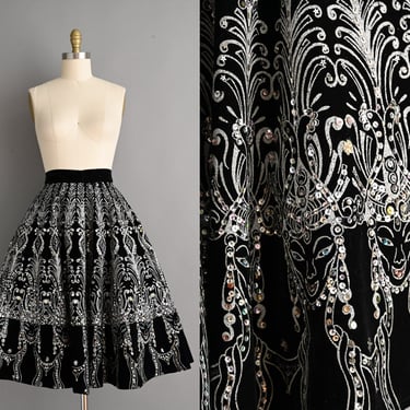 vintage 1950s Skirt | Gorgeous Black & Silver Sparkly Hand Painted Circle Skirt | Small Medium 