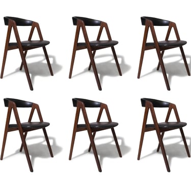 6 Danish A-frame Walnut Dining Chairs in Original Black Vinyl