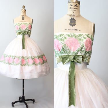 1950s SILK organza PINK ROSE embroidered dress xs  | new spring 