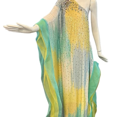 Lorena Sarbu Pastel Multi-ColoredHeavily Embellished Sequin One Shoulder Evening Caftan
