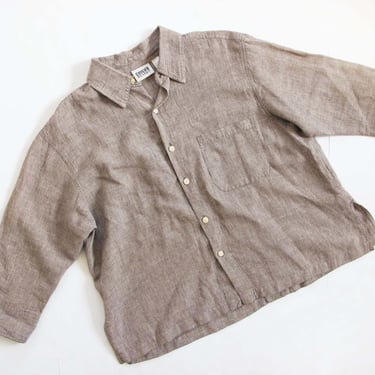 Vintage 90s Linen Boxy Blouse  - Minimalist Brown Plaid Collared Button Up Shirt - Earth Tone Simple Clothing 