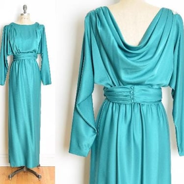 vintage 80s-does-30s dress teal satin draped cowl prom evening gown party M clothing 