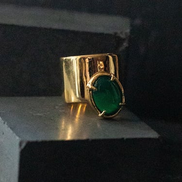Gold Plated Bronze Green Onyx Offset Ring