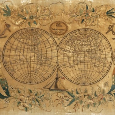 Antique Continental Embroidered Silk Panel Map Of The World, 19th Century 