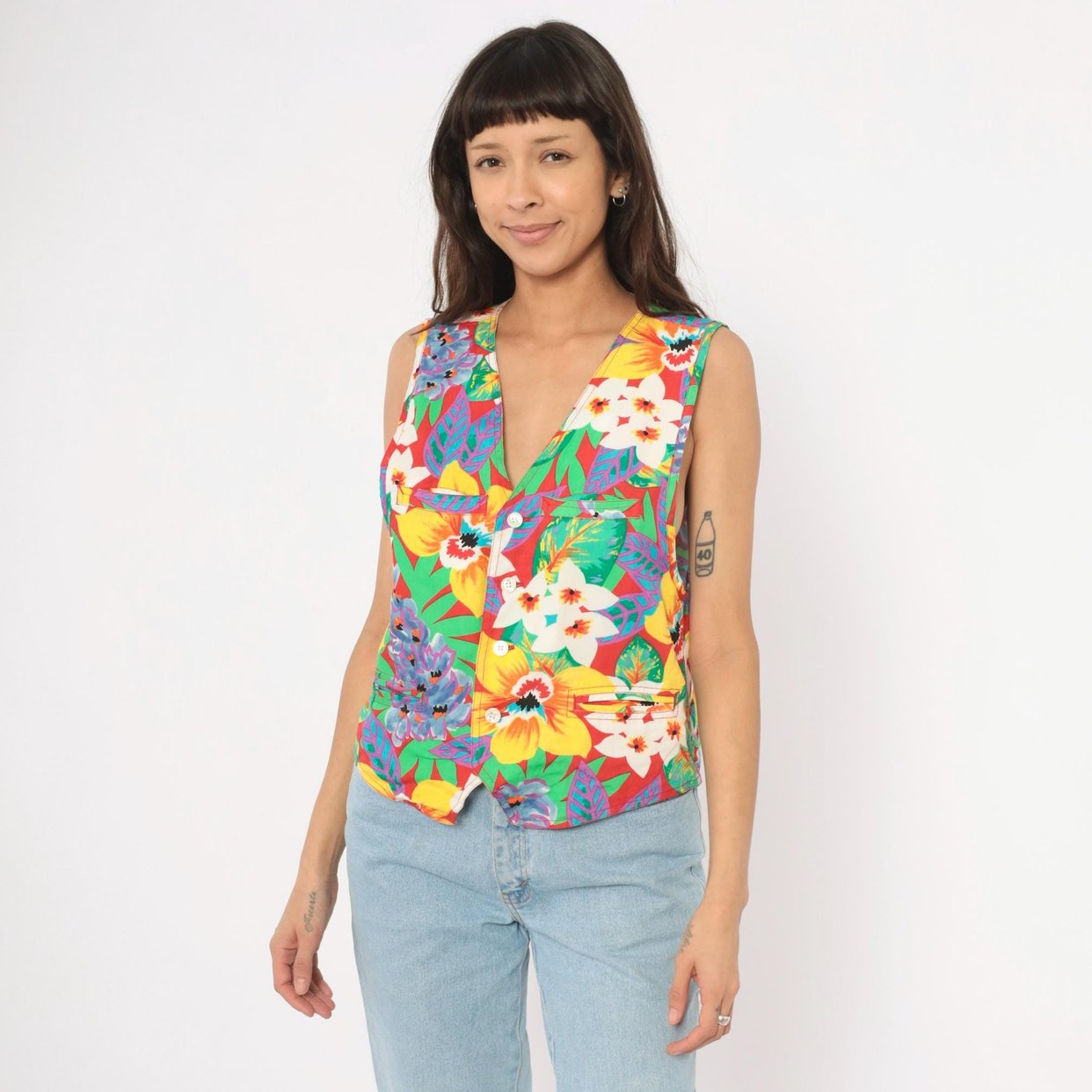 Tropical Floral Vest 90s Lizwear Button Front V | Shop Exile