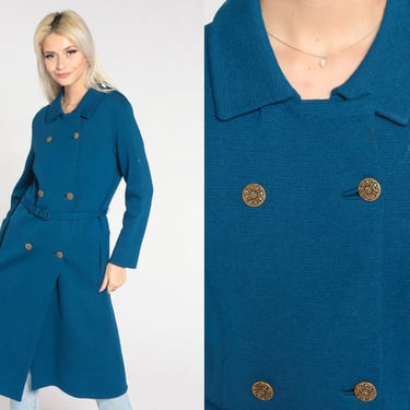 Blue Pea Coat 70s Wool Jacket Double Breasted Button up Peacoat Winter Trench Coat Belted Seventies Chic Tailored Vintage 1970s Small S 