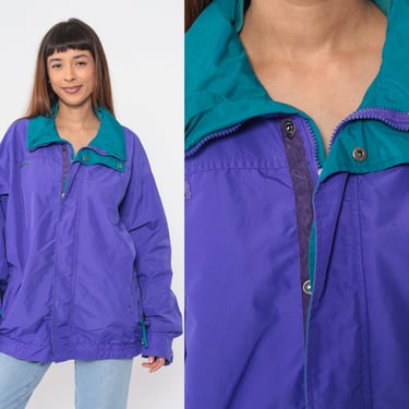 90s Columbia Jacket Reversible Windbreaker Green Purple Zip Snap Up Jacket Camping Granola Hiking Retro Ski Vintage 1990s Mens Large Tall 