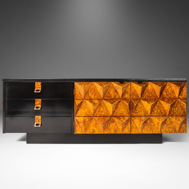 Brutalist Sculptural Diamond Faced Credenza / Sideboard With Leather Top, Italy, c. 1970's 