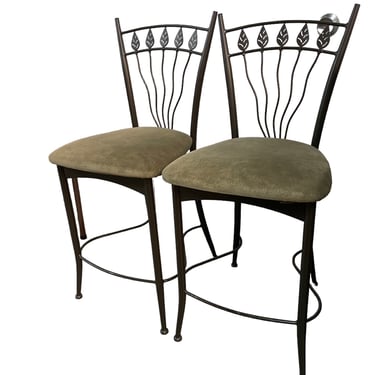 Pair Leaf Back Amisco Romy Counter Stools w Green Velour Seat EK221-7