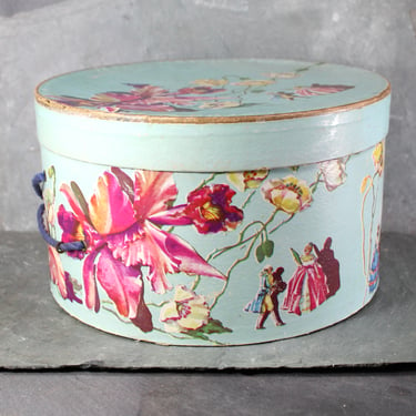 Gorgeous Vintage Cardboard Hat Box | Decorative Hat Box with Victorian Design | Bixley Shop 
