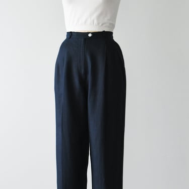 vintage navy linen pants, 90s high waist trousers, size s / m 