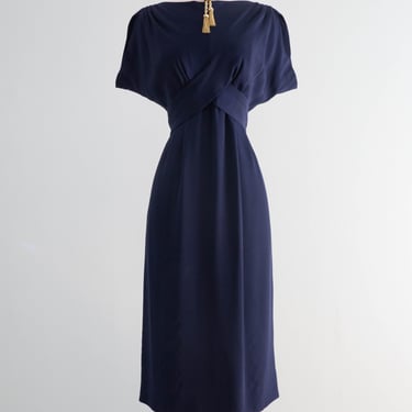 Elegant 1950's Navy Blue Silk Dress By Adele Simpson / Medium