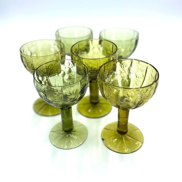 Vintage Avocado Green Wine, Sherry, Cordial Glasses Glassware Stemmed, Needle Etched, Floral, Flower, Glass, Glassware 