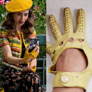 1960s Yellow Leather Kid Gloves Snap Cuff Wrist Closure / 60s Mod European Driving Gloves Perforation US Ladies size 6.5 / Rhoda 