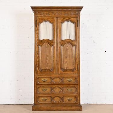 Baker Furniture French Provincial Louis XV Carved Oak Armoire Dresser or Linen Press, Circa 1960s