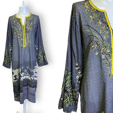 Vintage Tunic Shirt Womens Medium Long Floral  Embroidered Top Ethnic Style Blouse 