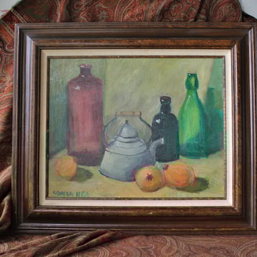 Vintage Still LIfe With Bottles Painting Sonia Handlesman 81 
