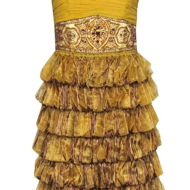 Sue Wong - Gold Strapless Ribbon Trim Bottom Dress Sz 10