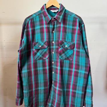 XL, Vintage 1990s Five Brothers Colorful Heavy Cotton Flannel, Workwear, Blue Purple, G 