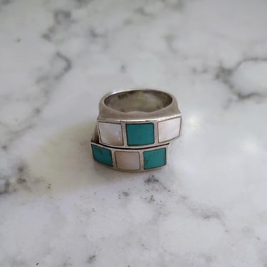 Vintage Sterling Silver Turquoise Mother Pearl Ring 925 Size 6/6.5 