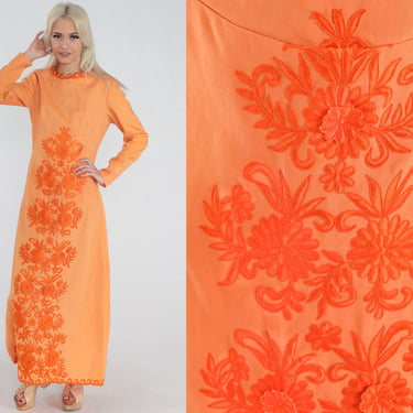 Floral Maxi Dress 70s Orange Embroidered Dress Bohemian Party Long Dress Empire Waist Hippie Formal Flower Gown Cotton Vintage 1970s Small S 