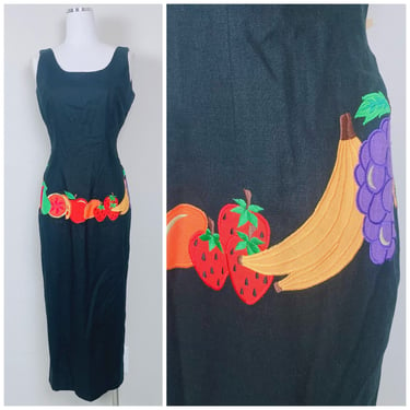 1990s Vintage Deborah Law Linen / Cotton Fruit Applique Dress / 90s Black / Rainbow Novelty Tank Dress / Size Large 
