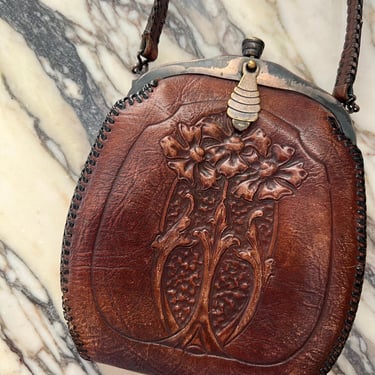 Antique 1920s Art Nouveau Leather Handbag Purse | Vintage 1920s Purse 