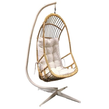 Restored Mid-century Rattan & Wicker Hanging Cocoon Egg Chair w/ Stand 