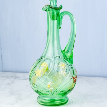 Antique French Enameled Green Glass Decanter