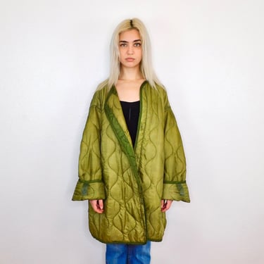 Army Quilted Liner Jacket // vintage army green military puffer puff boho hippie oversize dress coat blouse 70s 1970s hippy // O/S 