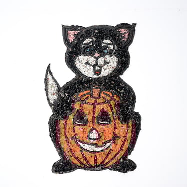 Vintage Halloween Melted Popcorn Decoration, Black Cat with Pumpkin 