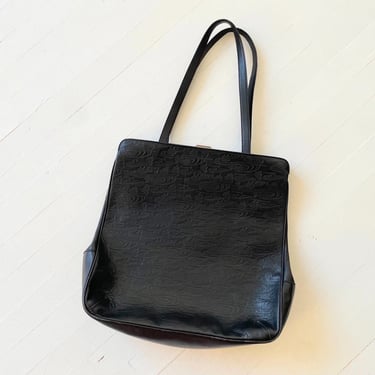 Vintage Italian Made Embossed Black Leather Tote Bag 