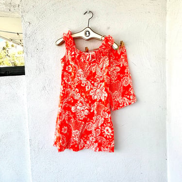 Vintage 60s 70s Hawaiian Barkcloth Shirt Shorts Dress 2 Piece Set Bright Neon Orange Floral High Waisted Shorts Hawaii Muumuu Tunic Top 