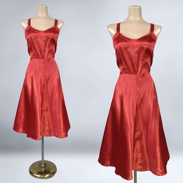 VINTAGE 50s Vibrant Red Satin Full Under Dress Slip Plus Size Volup | 1950s Metal Zipper Slip Dress | VFG 