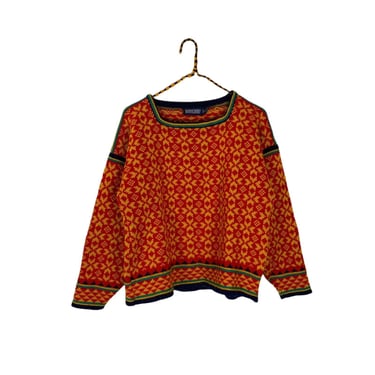 Vintage Lands End Womens Mustard Yellow Red Wool Geometric Nordic Sweater Small 