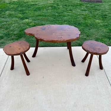 C. 1950s-60s Elm Live Edge Table and Stools Set 
