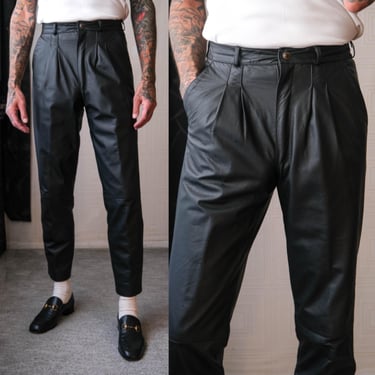 Vintage 80s COUGAR INTERNATIONAL Black Leather Double Pleated High Waisted Leather Pants | 100% Leather | 1980s Designer Leather Mens Pants 