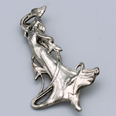 70's Art Nouveau silver plate water nymph brooch, elegant ethereal lily fairy c clasp pin 