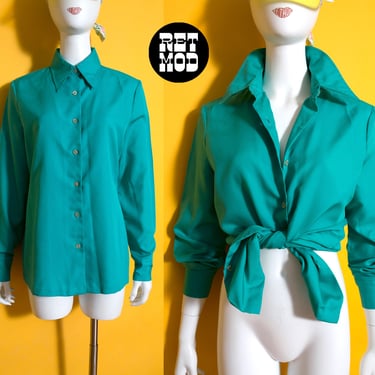 Chic Vintage 60s 70s Teal Green Button Down Collared Shirt with Dagger Collar 
