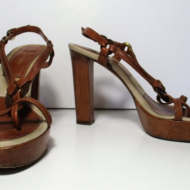 Platform Sandals, Vintage Sergio Rossi, 37.5, Strappy Heels, brown leather 