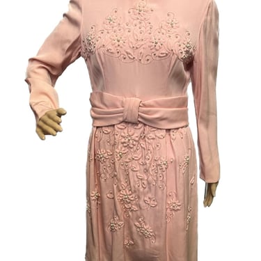 Oscar De La Renta Pink Pearl Dress, Vintage Dress, 50s Dress, Vintage Beaded Dress, Pink Beaded Dress, 60's Designer Dress, Pearl Dress 