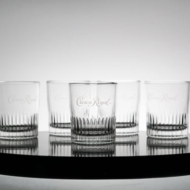 Rocks Glass Set of 5 Crown Royal Tumblers, Vintage Glassware, Rocks Glass Tumbler Cocktail Party Set Vintage Glassware, New Years Eve Party 